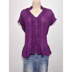 Vtg Y2K Royal Purple Chiffon Pleated Short Sleeve Blouse Office Siren